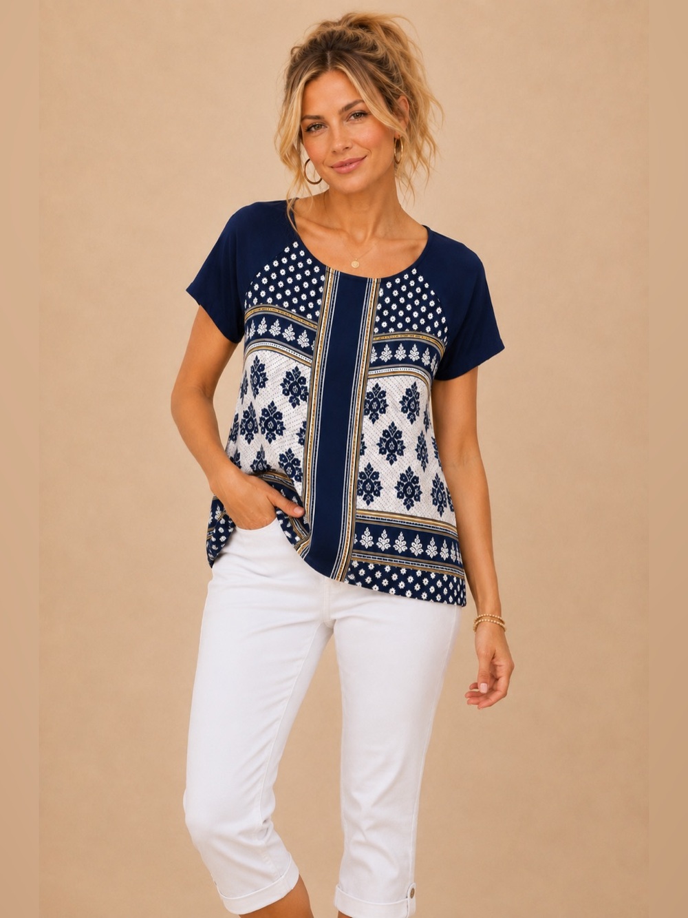 LOFT XXL Navy Blue Boho Floral Print Blouse Short Sleeve Mixed Print Flowy Top